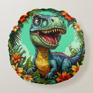 Cartoon Dinosaur and Vibrant Tropical Flowers Round Pillow