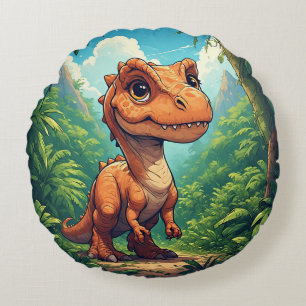 Cartoon Dinosaur Exploring a Tropical Jungle Round Pillow
