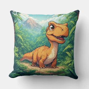 Cartoon Dinosaur Exploring a Tropical Jungle Throw Pillow