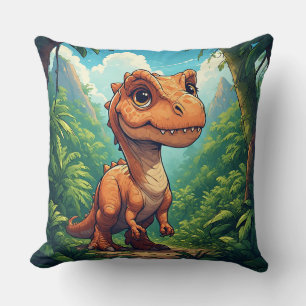 Cartoon Dinosaur Exploring a Tropical Jungle Throw Pillow