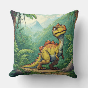 Cartoon Dinosaur Exploring a Tropical Jungle Throw Pillow