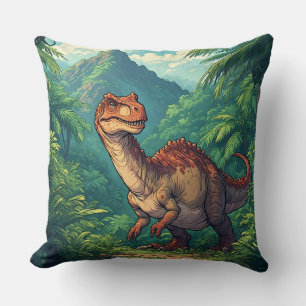 Cartoon Dinosaur Exploring a Tropical Jungle Throw Pillow