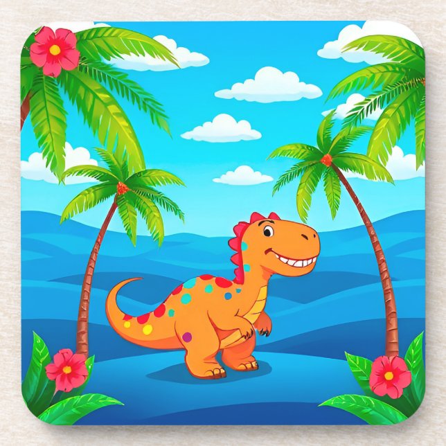 Cartoon Dinosaur in a Tropical Scene Beverage Coaster (Front)