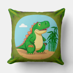 Cartoon Dinosaur in a Tropical Scene Throw Pillow