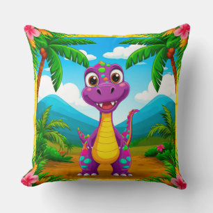 Cartoon Dinosaur in a Tropical Scene Throw Pillow