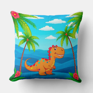 Cartoon Dinosaur in a Tropical Scene Throw Pillow