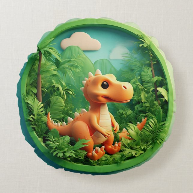 Cartoon Dinosaur in Bamboo Forest Round Pillow (Front)