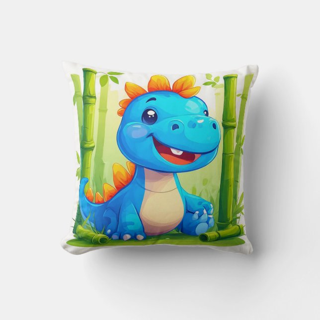 Cartoon Dinosaur in Bamboo Forest Throw Pillow (Front)