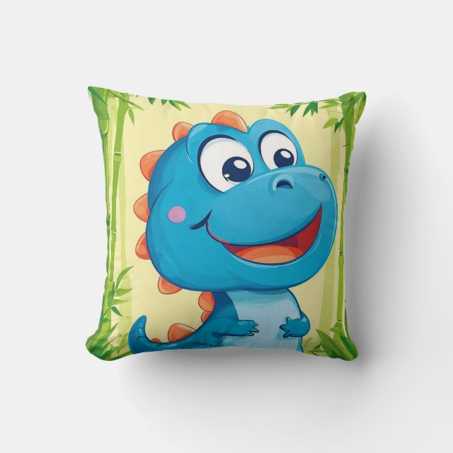 Cartoon Dinosaur in Bamboo Forest Throw Pillow (Front)