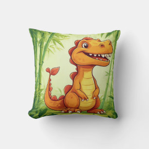 Cartoon Dinosaur in Bamboo Forest Throw Pillow