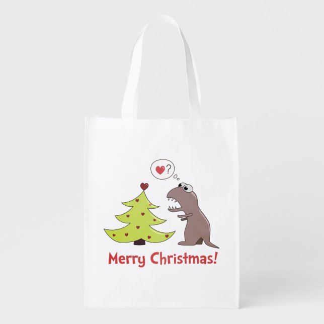 Cartoon Dinosaur Merry Christmas Grocery Bag (Front)