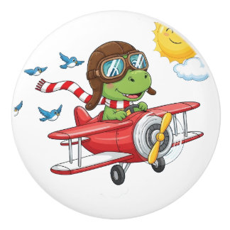 Cartoon Dinosaur Pilot Flying Red Airplane Ceramic Knob