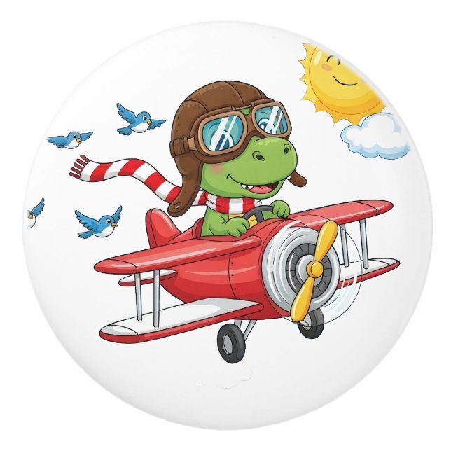 Cartoon Dinosaur Pilot Flying Red Airplane Ceramic Knob (Front)