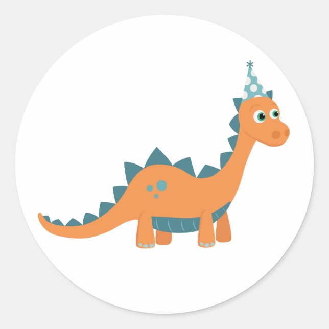 Cartoon dinosaur wearing birthday party hat classic round sticker (Front)
