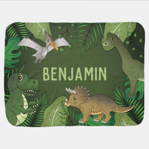 Cartoon Dinosaurs And Jungle Leaves With Name Baby Blanket