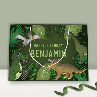 Cartoon Dinosaurs Cute Green Kid's Happy Birthday Large Gift Bag