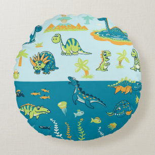 Cartoon Dinosaurs: Land & Sea Set Round Pillow