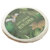 Cartoon Dinosaurs With Green Plants Happy Birthday Sugar Cookie (Angled)