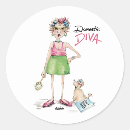 Cartoon Diva and Poodle Doing Chores Classic Round Sticker