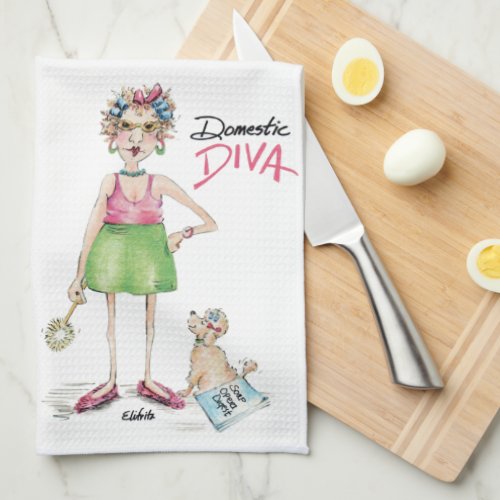 Cartoon Diva and Poodle Doing Chores Kitchen Towel
