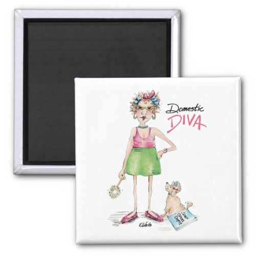 Cartoon Diva and Poodle Doing Chores Magnet