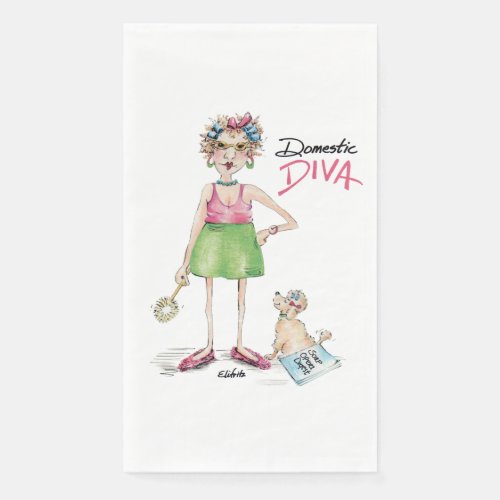 Cartoon Diva and Poodle Doing Chores Paper Guest Towels