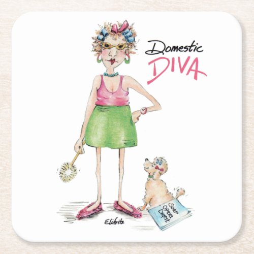Cartoon Diva and Poodle Doing Chores Square Paper Coaster