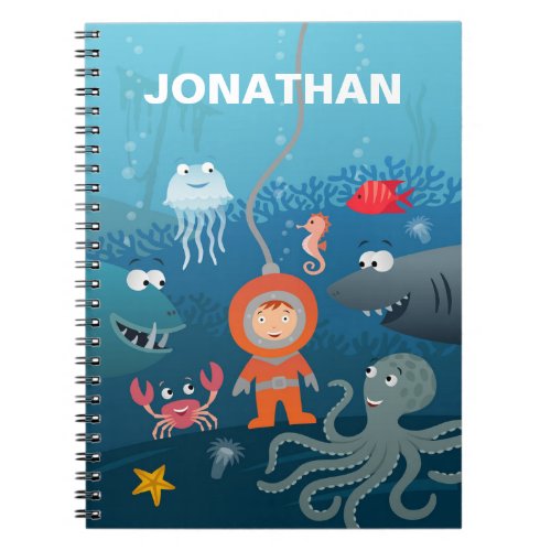 Cartoon Diver Kid Underwater Life Aquatic Animals Notebook