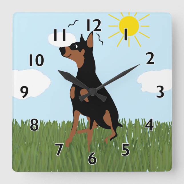 Cartoon Doberman Sitting Square Wall Clock (Front)