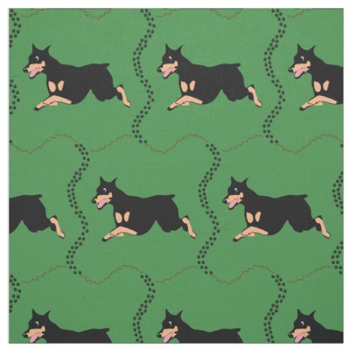 Cartoon Doberman with Bones and Paw Tracks Fabric