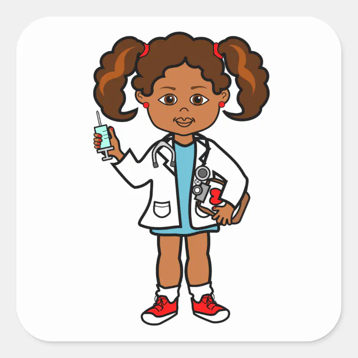 Cartoon Doctor Girl with Big Needle Square Sticker | Zazzle