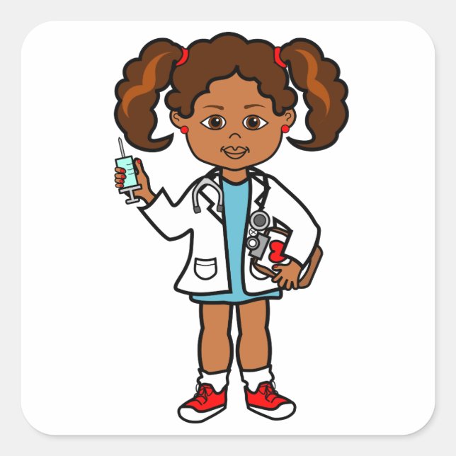 Cartoon Doctor Girl with Big Needle Square Sticker (Front)