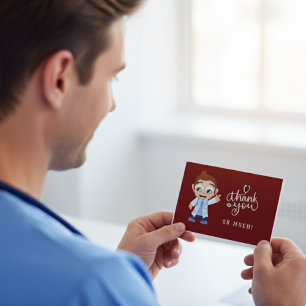 Cartoon Doctor Red Thank You Card