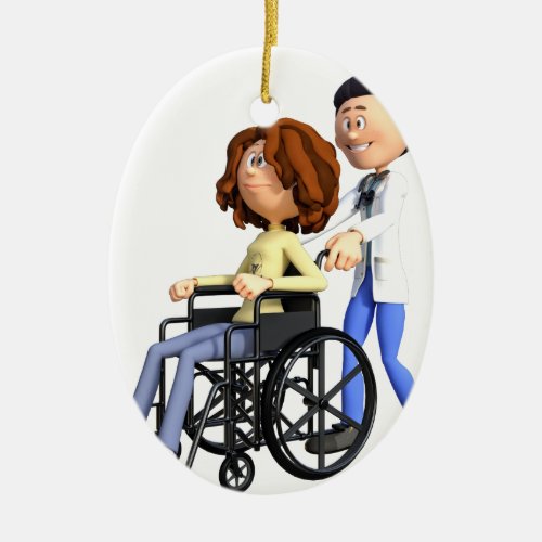 Cartoon Doctor Wheeling Patient In Wheelchair Ceramic Ornament