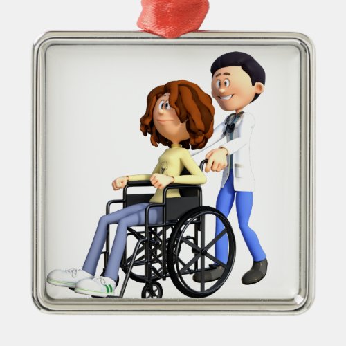 Cartoon Doctor Wheeling Patient In Wheelchair Metal Ornament