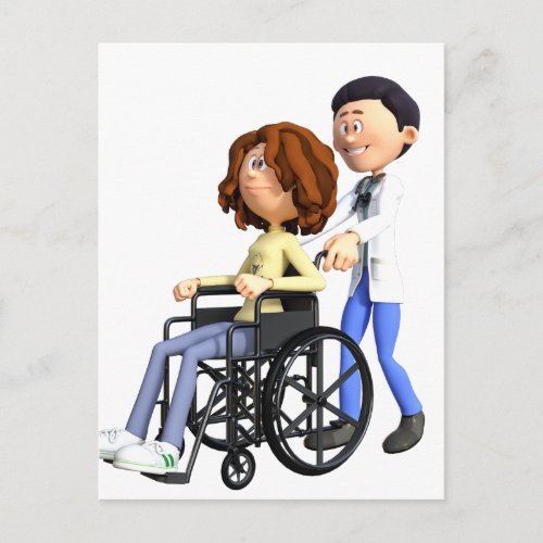 Cartoon Doctor Wheeling Patient In Wheelchair Postcard