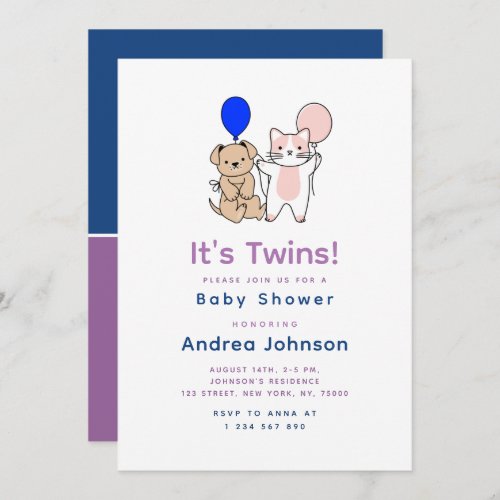Cartoon Dog Cat Pink Blue Balloon Twin Baby Shower Invitation