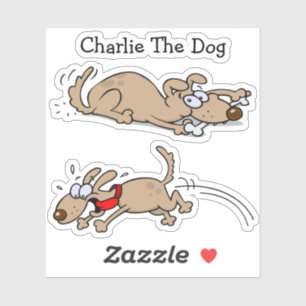 Cartoon Dog Chewing On Bone And Jumping With Name Sticker