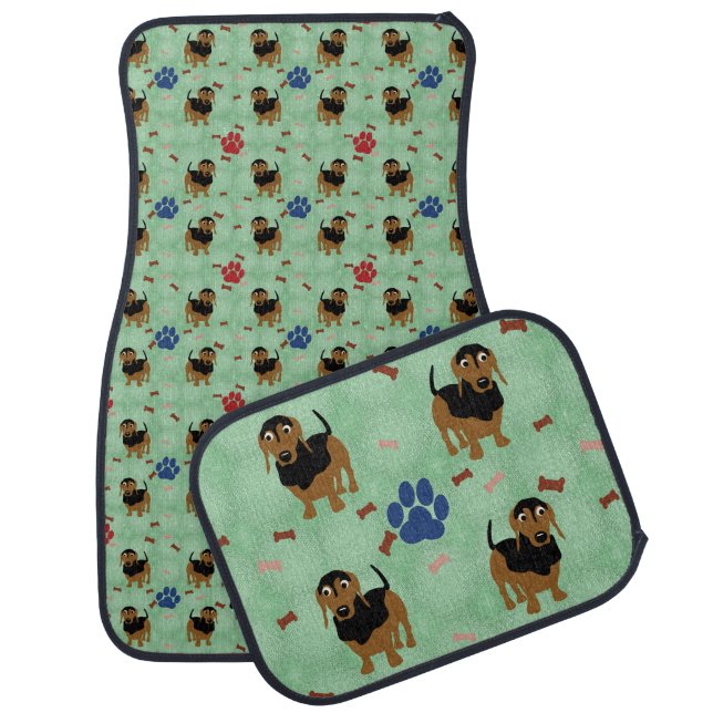 Cartoon Dog - Dachshund Black and Tan Tiled Car Mat (Set)