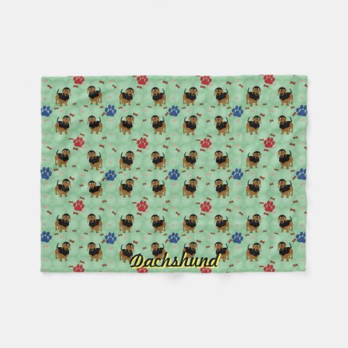 Cartoon Dog _ Dachshund Black and Tan Tiled Fleece Blanket