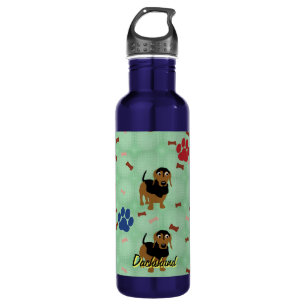 Cartoon Dog - Dachshund Black and Tan Tiled Water Bottle