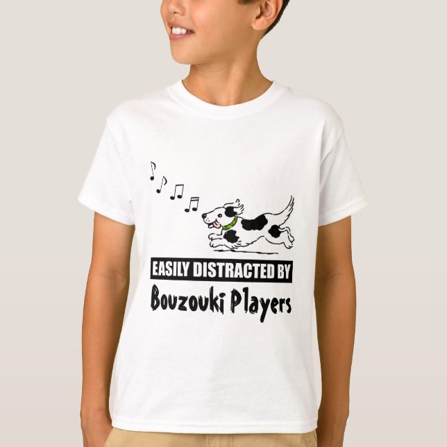 Cartoon Dog Easily Distracted by Bouzouki Players T-Shirt (Front)