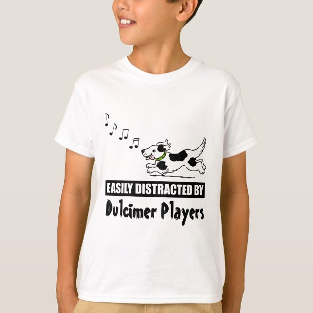 Cartoon Dog Easily Distracted by Dulcimer Players T-Shirt (Front)