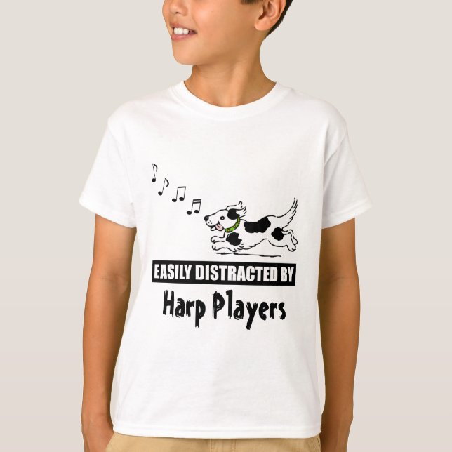 Cartoon Dog Easily Distracted by Harp Players T-Shirt (Front)