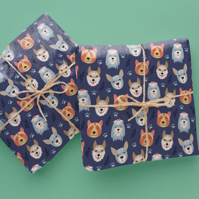 Cartoon dog faces and paws seamless pattern wrappi wrapping paper (Creator Uploaded)