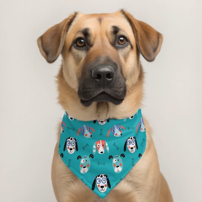 Cartoon Dog Faces on Teal Pet Bandana Collar (Dog 2)