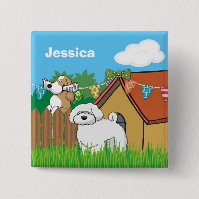 Cartoon Dog House Neighbours Personalised Button (Front)