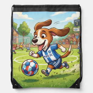 Cartoon Dog Playing Soccer or Football Drawstring Bag