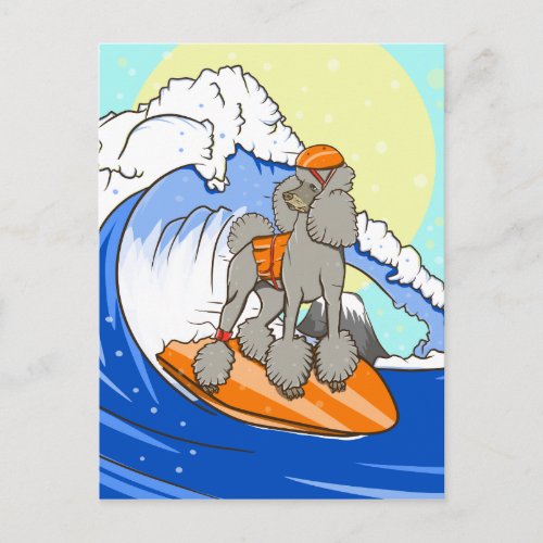 Cartoon dog poodle surfing postcard
