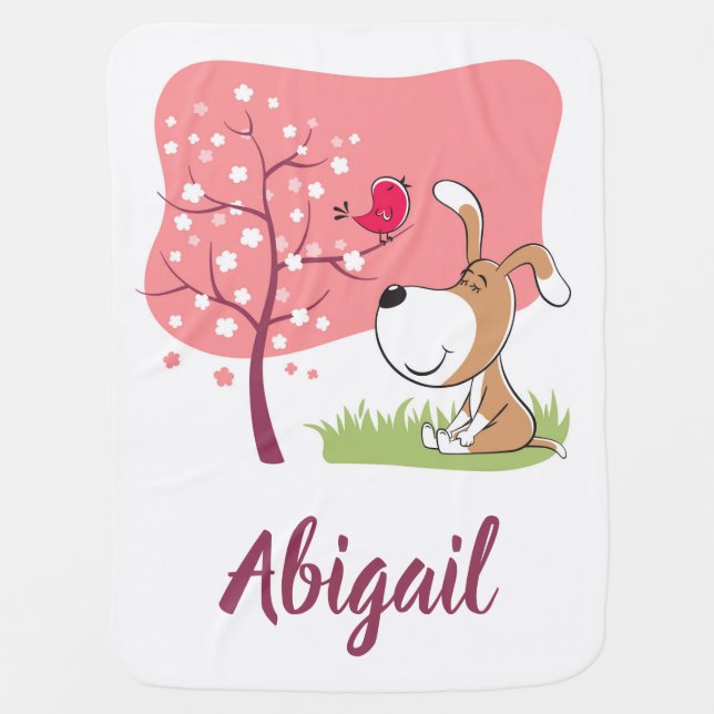Cartoon Dog Puppy Bird Bloom Flower Baby Blanket (Front)